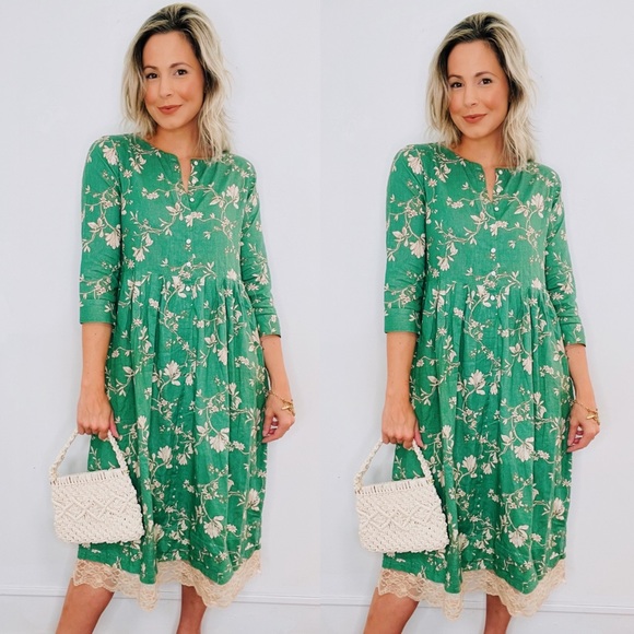 VINTAGE | Floral Cottage Core Long Sleeve Lace Hem Button Down Midi Dress - Picture 1 of 9